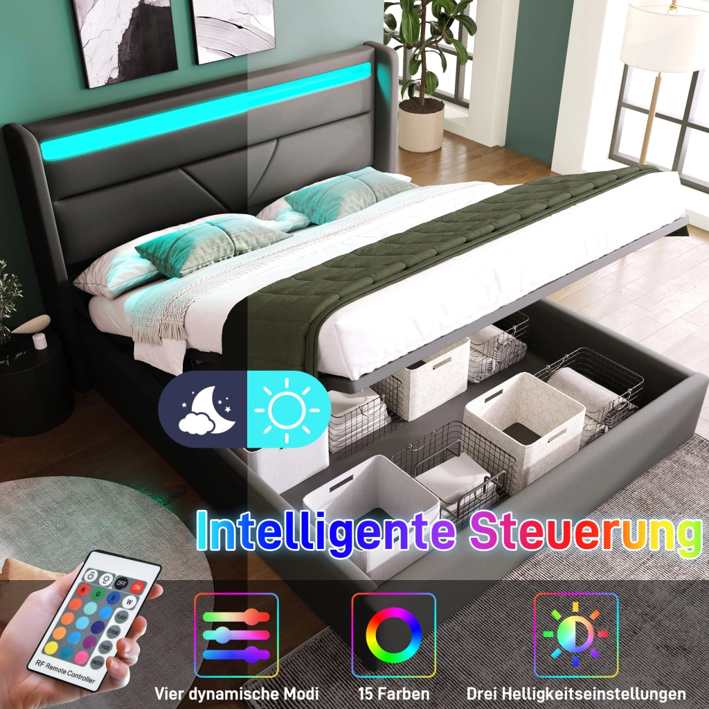 LETTO Contenitore 140x200 cm in PU Grigio con LED e telecomando