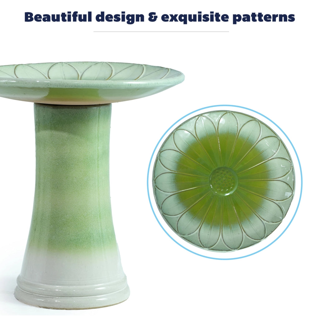 Abbeveratoio per Uccelli in Ceramica Artigianale con Rilievo a Fiori, Ø43 cm, Altezza 45 cm, Glassa Verde Chiaro Lucida, Resistente al Freddo e agli Agenti Atmosferici