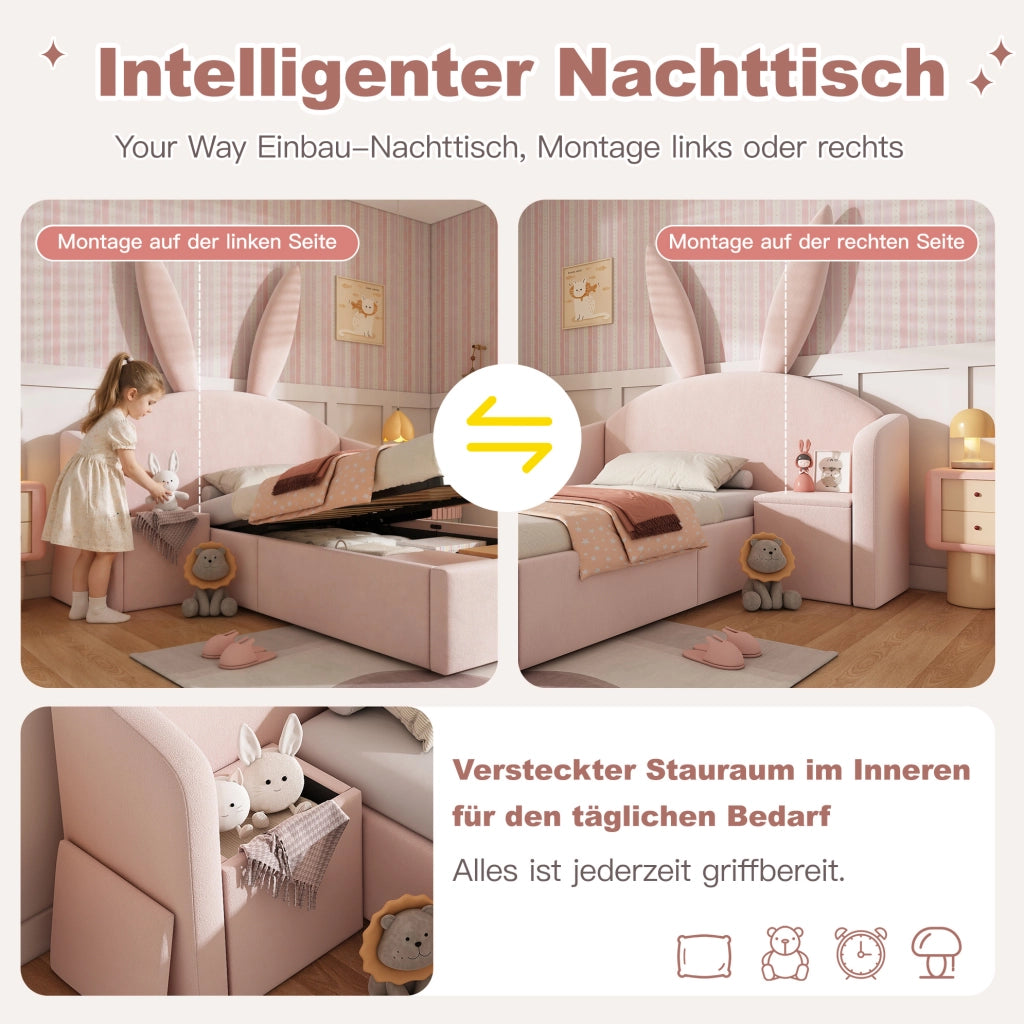 LETTO 90x190 cm in Velluto Rosa con Comodino e Contenitore