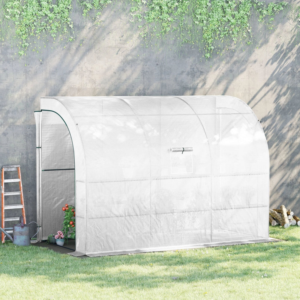 Serra addossata con 6 ripiani su 3 livelli; porte a cerniera; telo PE anti-UV; bianca; 300x150x213 cm