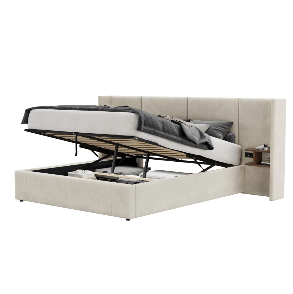 Letto contenitore 160x200 cm beige con USB, prese e comodini