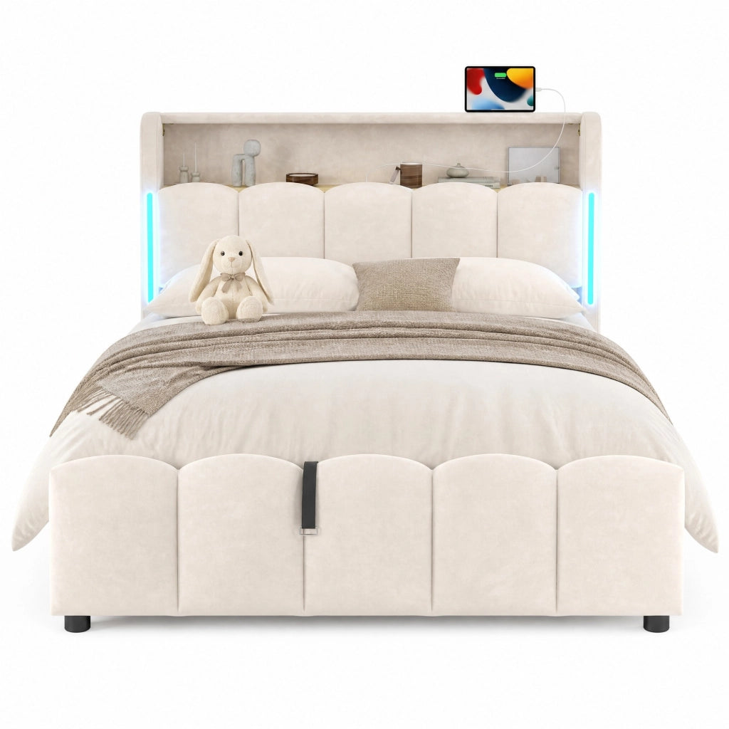 Letto imbottito 140x200 cm con contenitore; LED; USB e Type-C; velluto beige