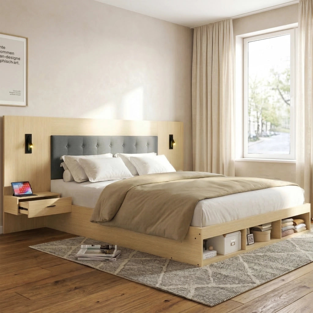 Letto matrimoniale in legno con USB, LED e 2 comodini, 180x200 cm, quercia chiara