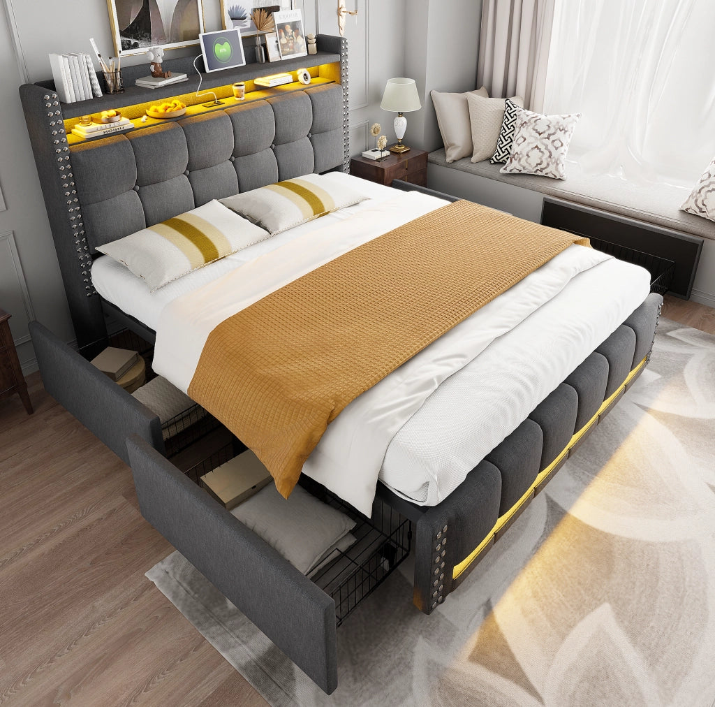 Letto matrimoniale imbottito 160x200 cm grigio con LED; USB; ripiani e 4 cassetti