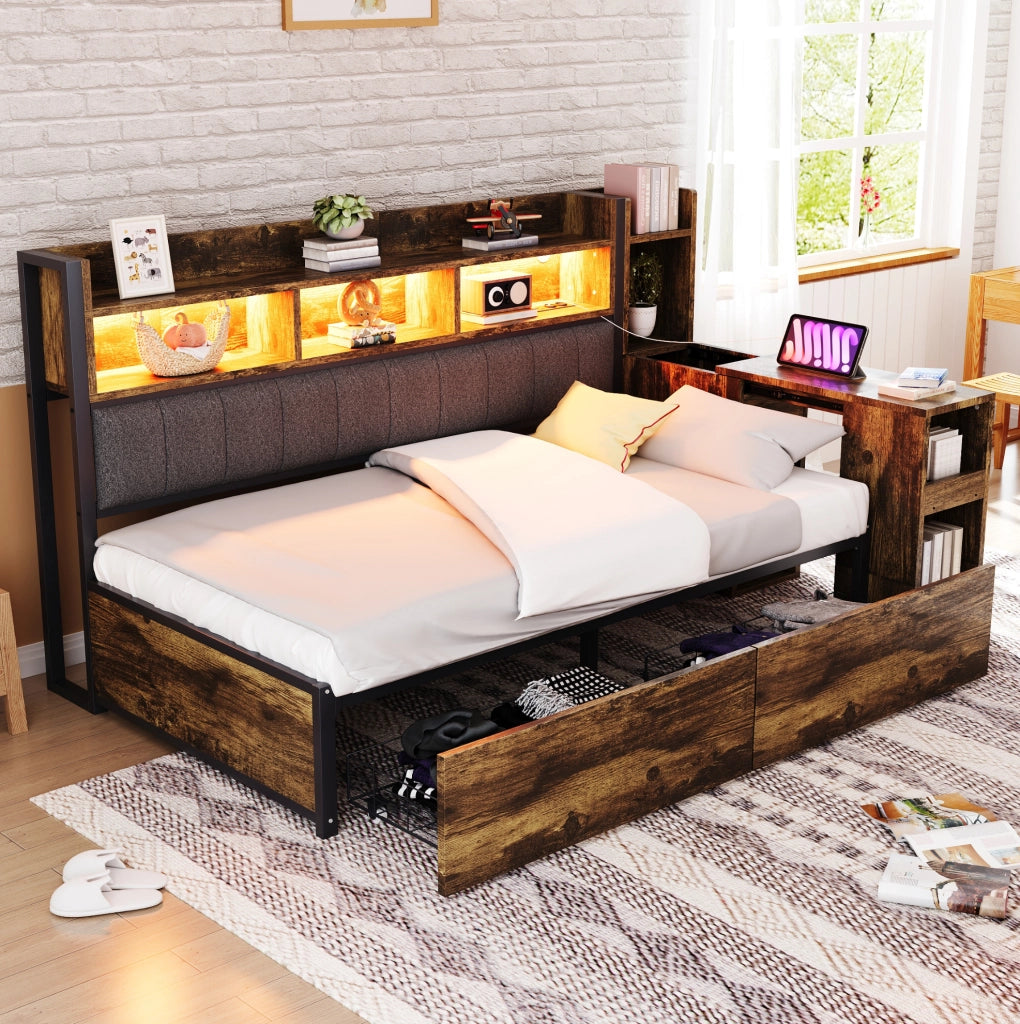Letto 90x200 cm con scrivania estraibile e cassetti; metallo e legno