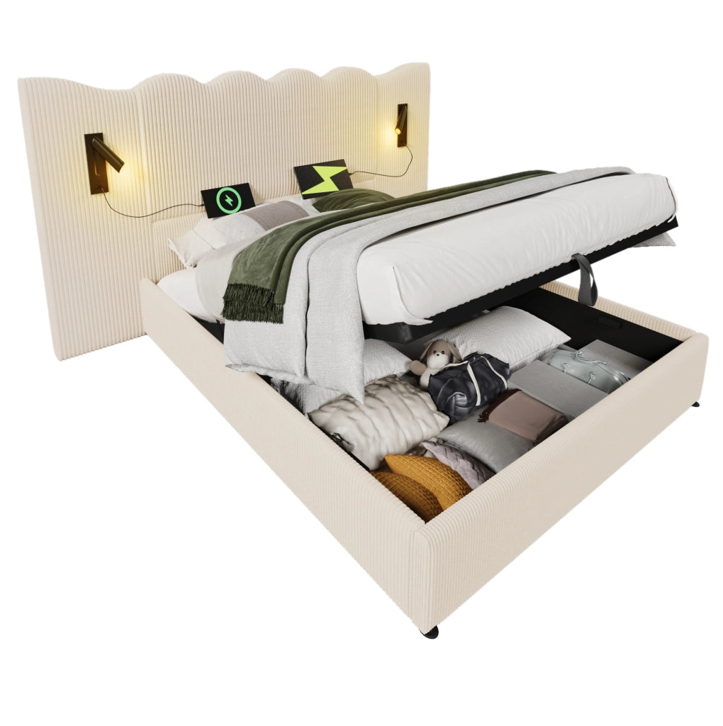 Letto matrimoniale 180x200 beige con contenitore e USB-C