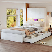 Letto singolo 90x200 cm bianco con LED, prese e 2 cassetti