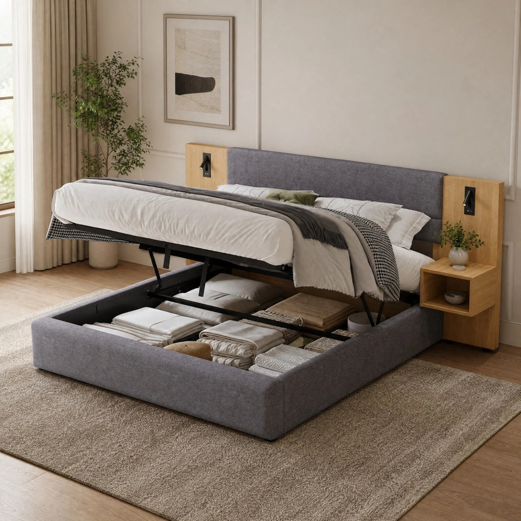 Letto imbottito 180x200 cm con contenitore, USB e comodini