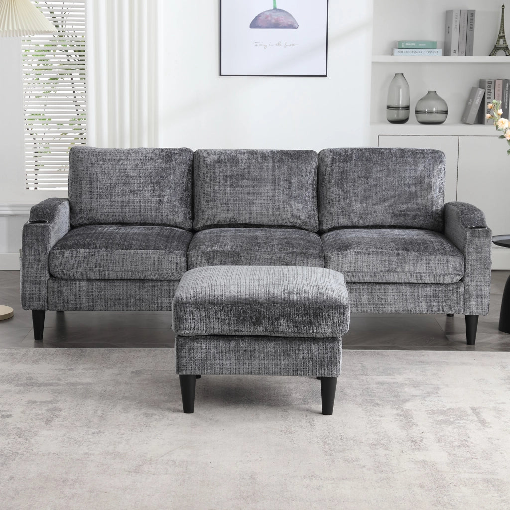 Divano modulare a 4 posti con pouf contenitore in ciniglia grigio con portabicchieri e tasche laterali