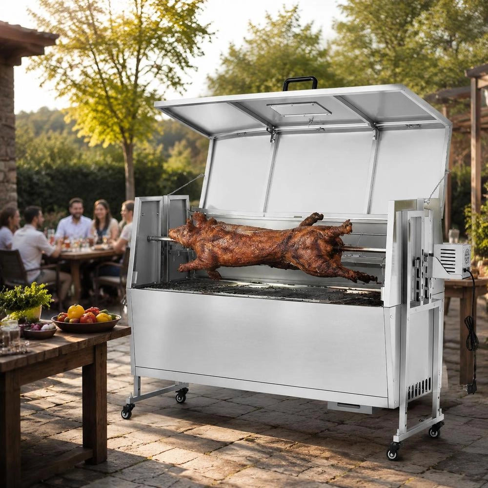 Rotisserie Grill 38 W Suckling Pig Grill Lamb Grill Charcoal Grill (132 Cm Grilling Length) With 60 Kg Load Capacity & Wheels & 4-way Height Adjustment & Lid, Stainless Steel Electric Grill Set For Camping