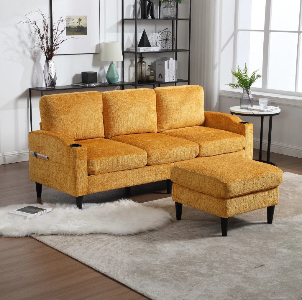 DIVANO 4 POSTI 196,5x75x77 cm in Chenille Giallo con Pouf e Contenitore