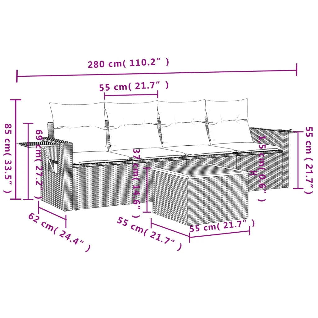 Set Divano da Giardino 5 pz con Cuscini Grigio in Polyrattan
