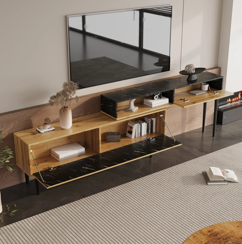 Mobile TV con ripiani in MDF e truciolare, gambe in ferro e design marmo