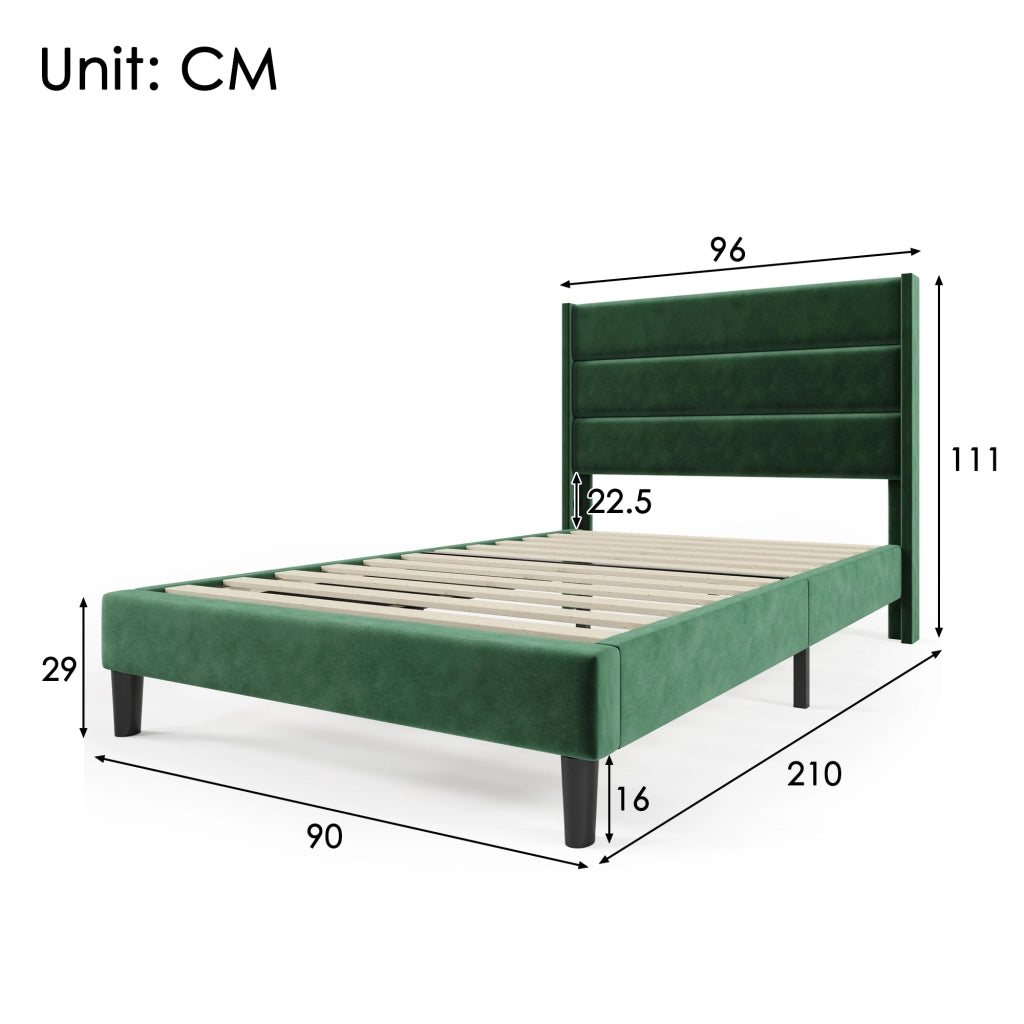 Letto singolo imbottito 90x200 cm in velluto verde scuro