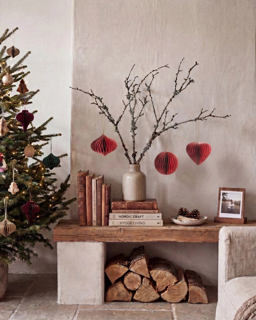 Set di 18 palline di Natale in carta a nido d'ape rossa Ornamenti da appendere Decorazioni 3D per Natale