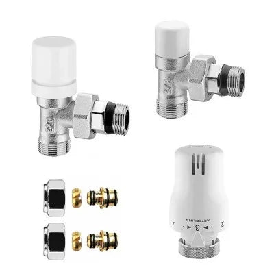 Kit valvola e detentore raccordi multi 16x2 e testa termostatica bianca