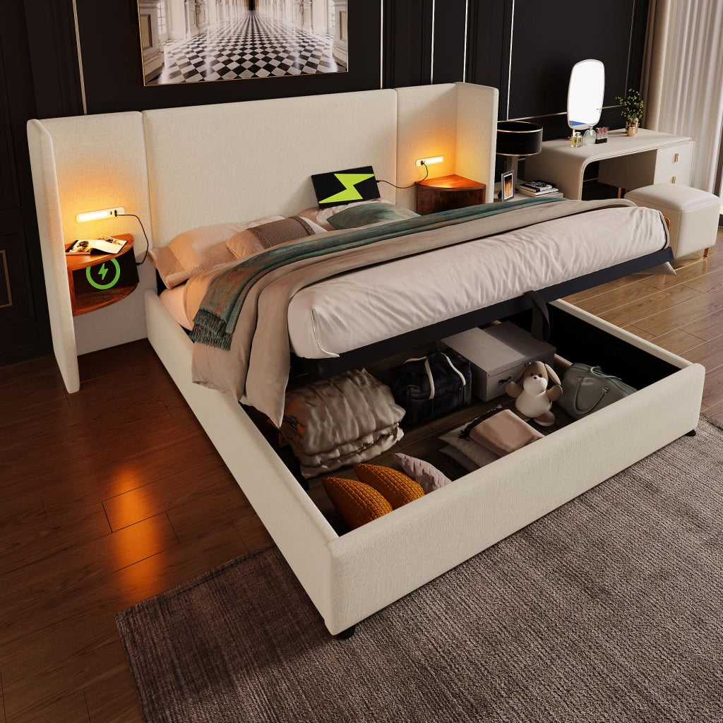 Letto matrimoniale 160x200 beige con sollevamento idraulico