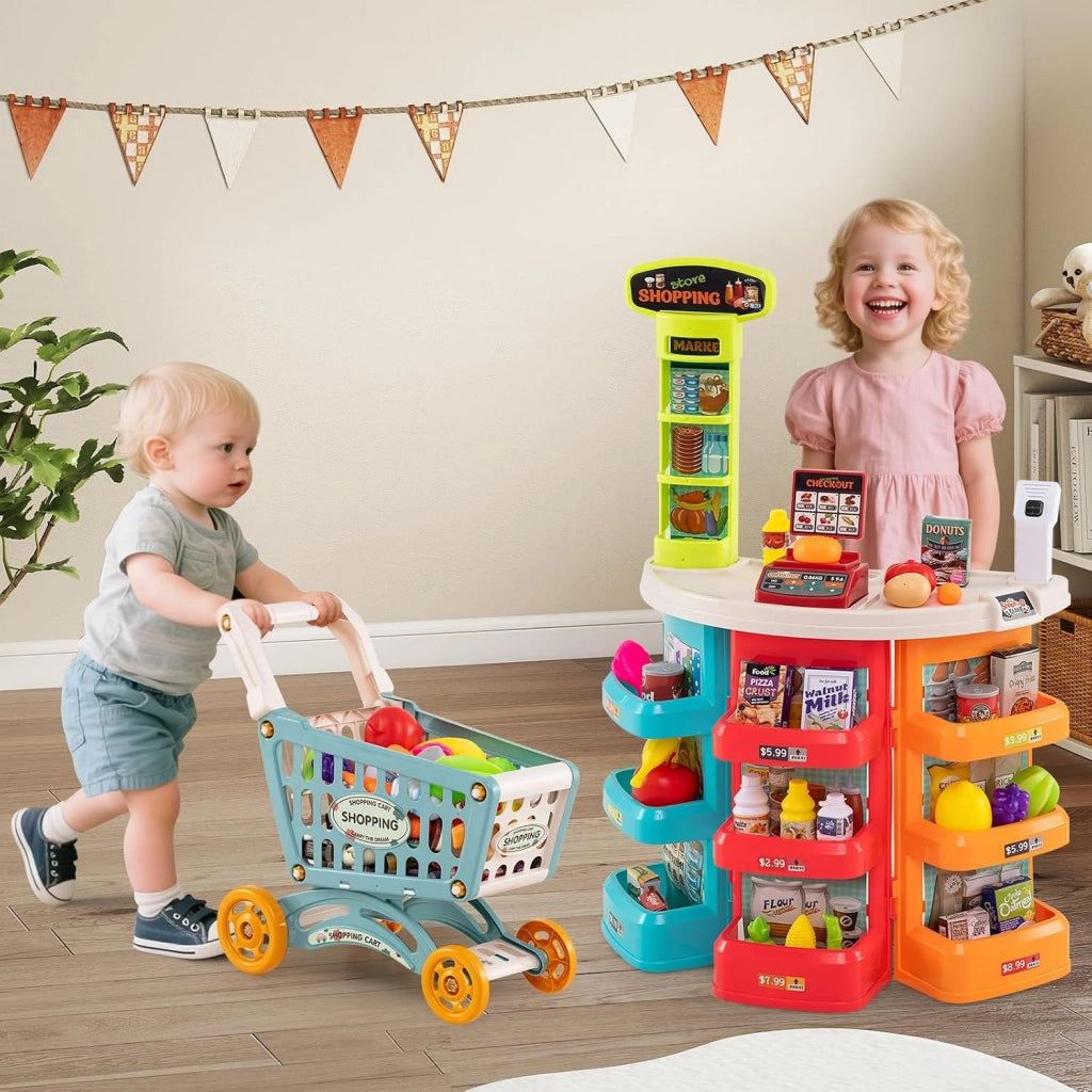 Cassa Gioco Supermercato per Bambini, Supermercato Giocattolo con Carrello della Spesa, Registratore di Cassa, Scanner, Luci e Suoni, Gioco di Ruolo con 29 Accessori (Blu)