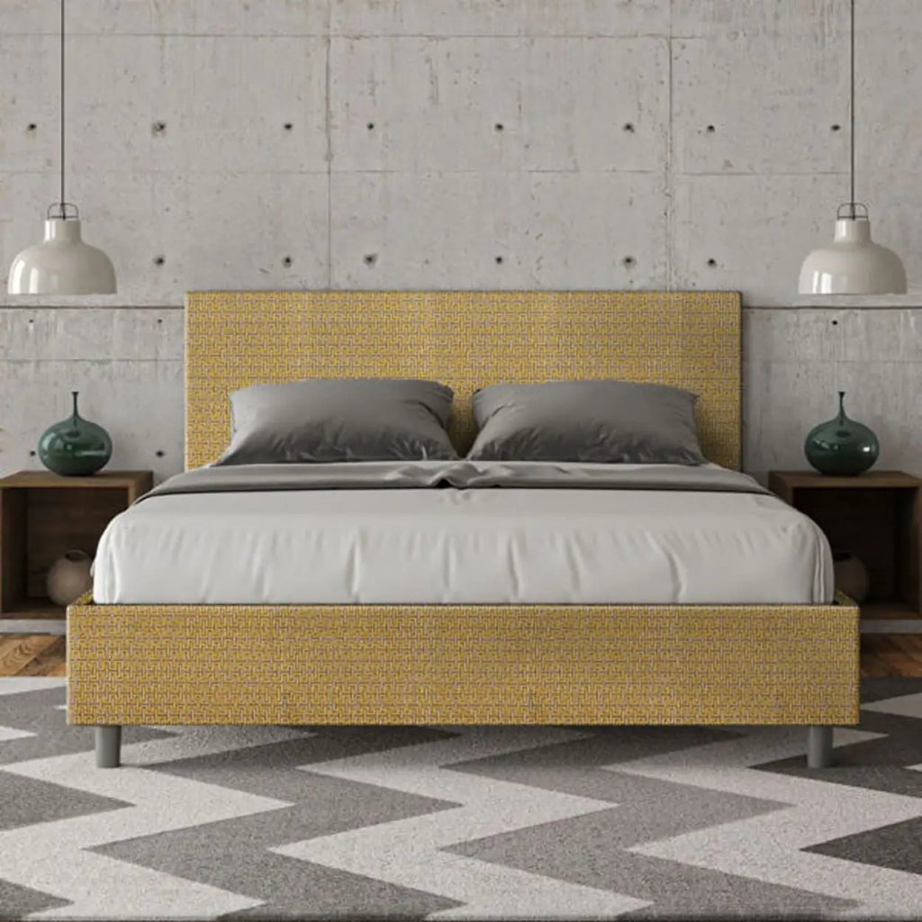 Letto matrimoniale con rete imbottito 160x200 tessuto Labirinto 6 giallo Adele