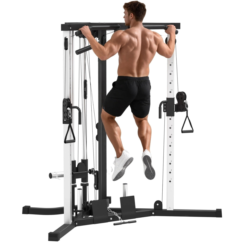 Stazione Fitness Multifunzione in Acciaio con Doppia Carrucola e Sbarra Trazioni, Regolabile per Casa, 170x139x200 cm, Nero