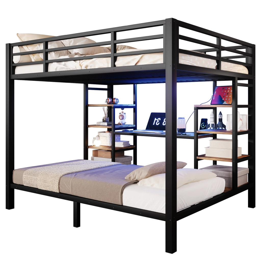 Letto a castello 90 × 200 cm e 140 × 200 cm in metallo e MDF nero con LED prese e ripiani integrati