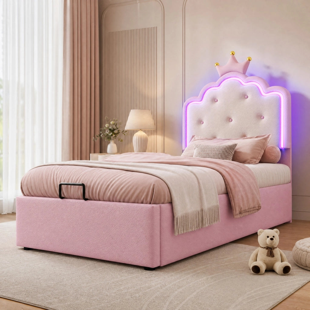 Letto per bambini imbottito 90x200 cm in PU e MDF con luce LED e contenitore, rosa