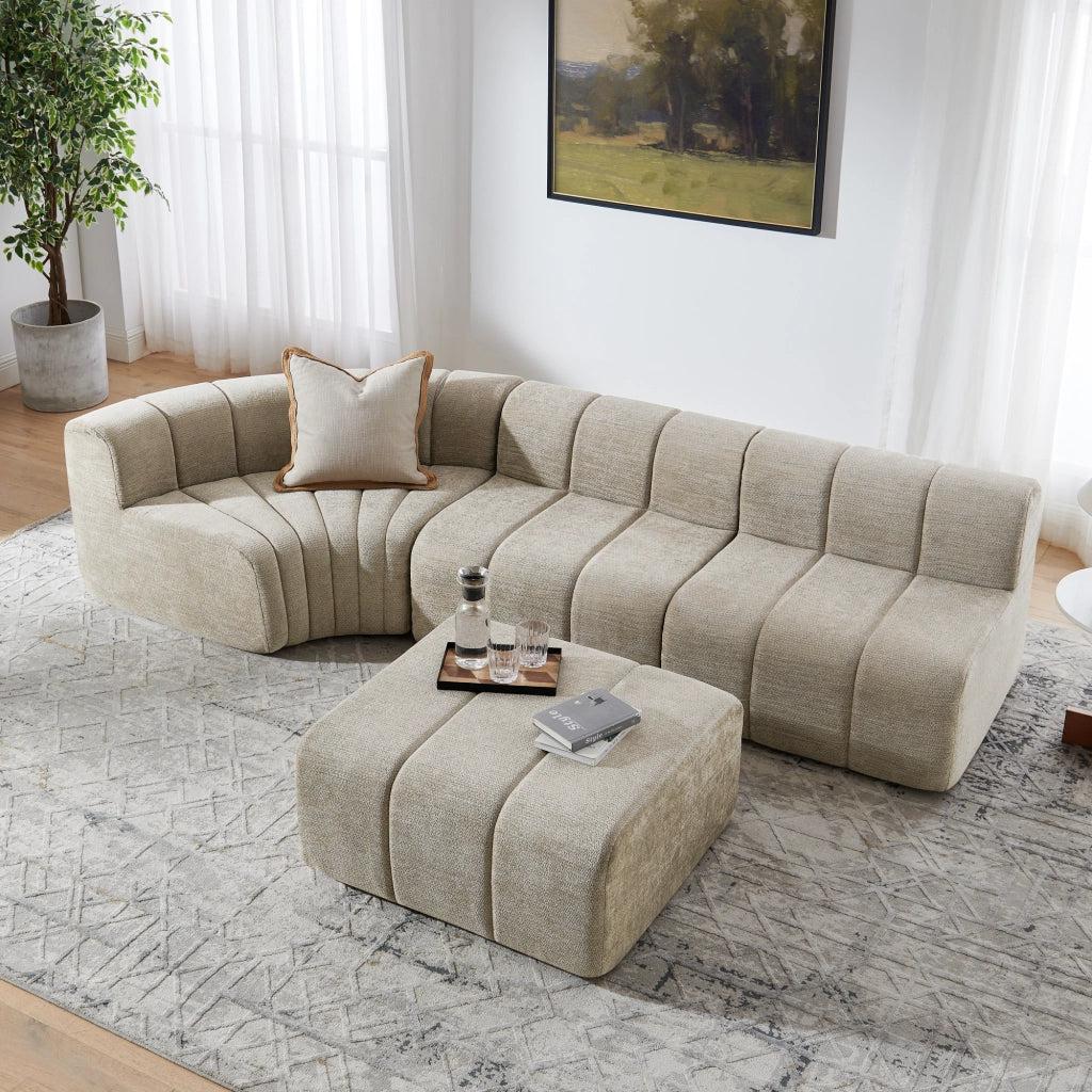 Divano angolare modulare a 4 posti in chenille marrone con moduli combinabili e seduta versatile per salotto