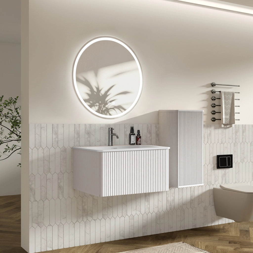Set di mobili con lavabo sospeso; specchio LED e mobile laterale bianco con lavabo in pietra artificiale