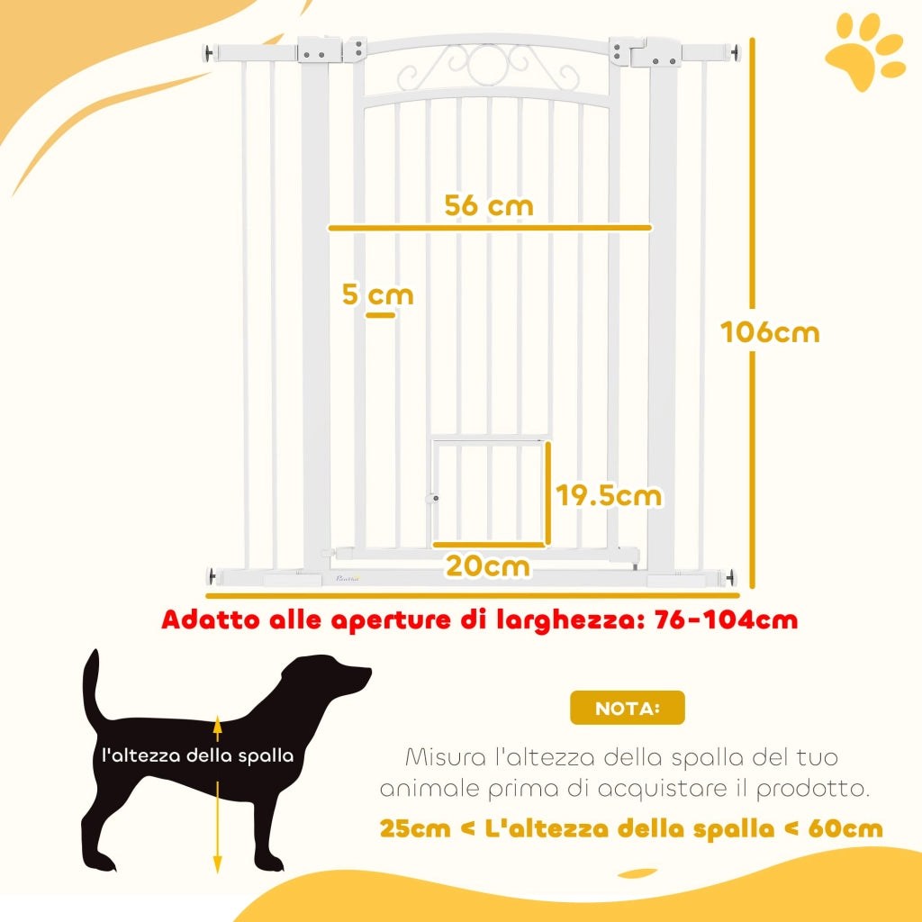 Cancelletto di Sicurezza con Estensioni 76-104 cm e Porta per Gatti Bianco