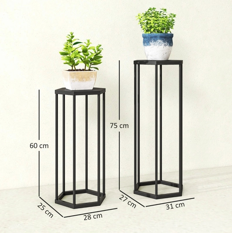 Set di 2 supporti per piante in metallo nero, 75 e 60 cm, interno ed esterno