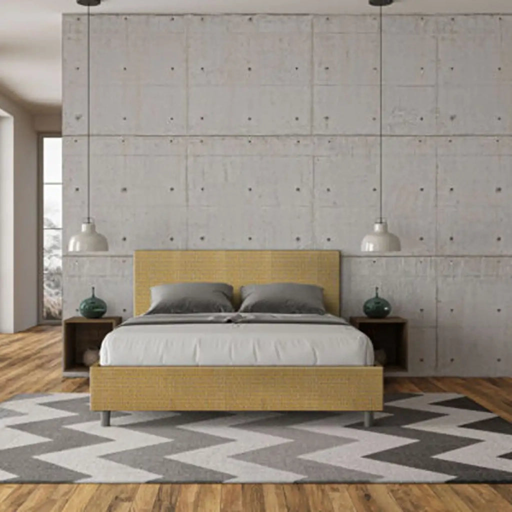 Letto matrimoniale con rete imbottito 160x200 tessuto Labirinto 6 giallo Adele