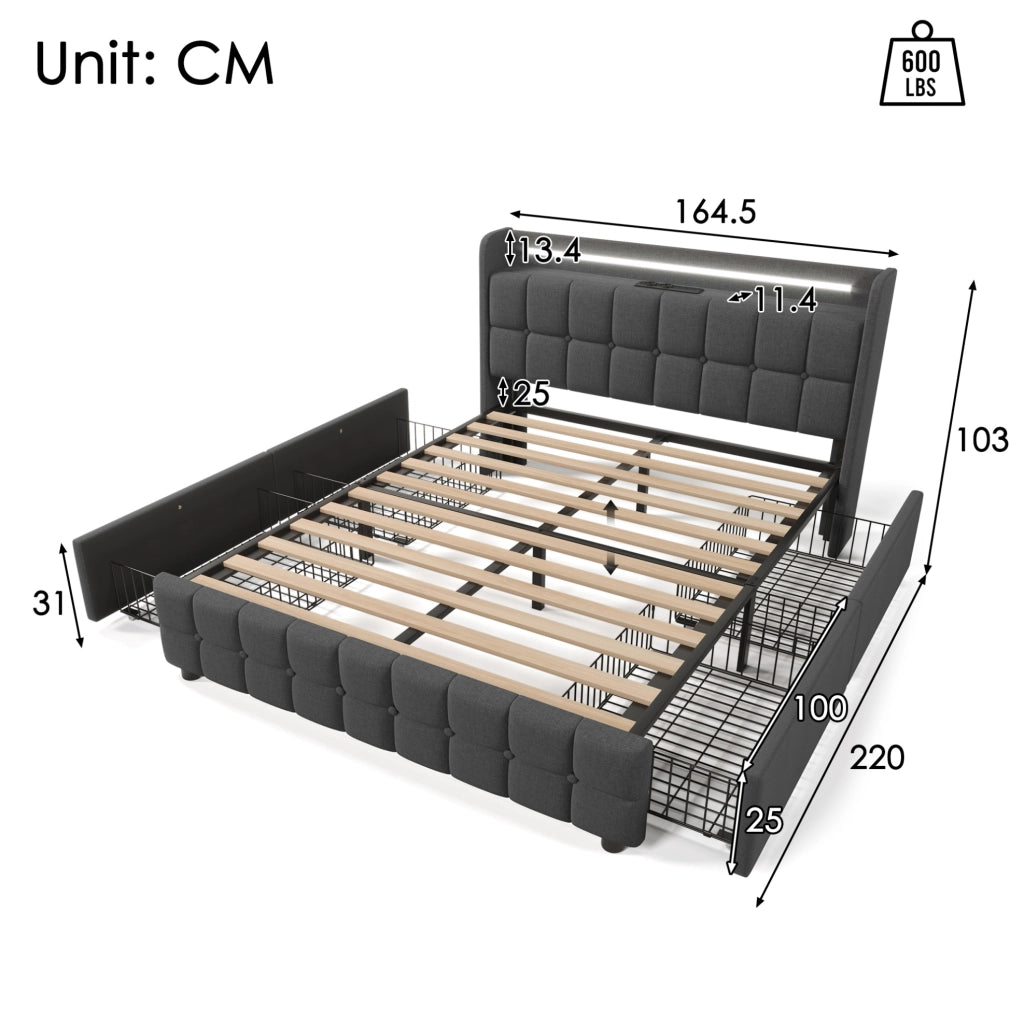 Letto imbottito 160x200 cm con LED; prese e USB; 4 cassetti; grigio