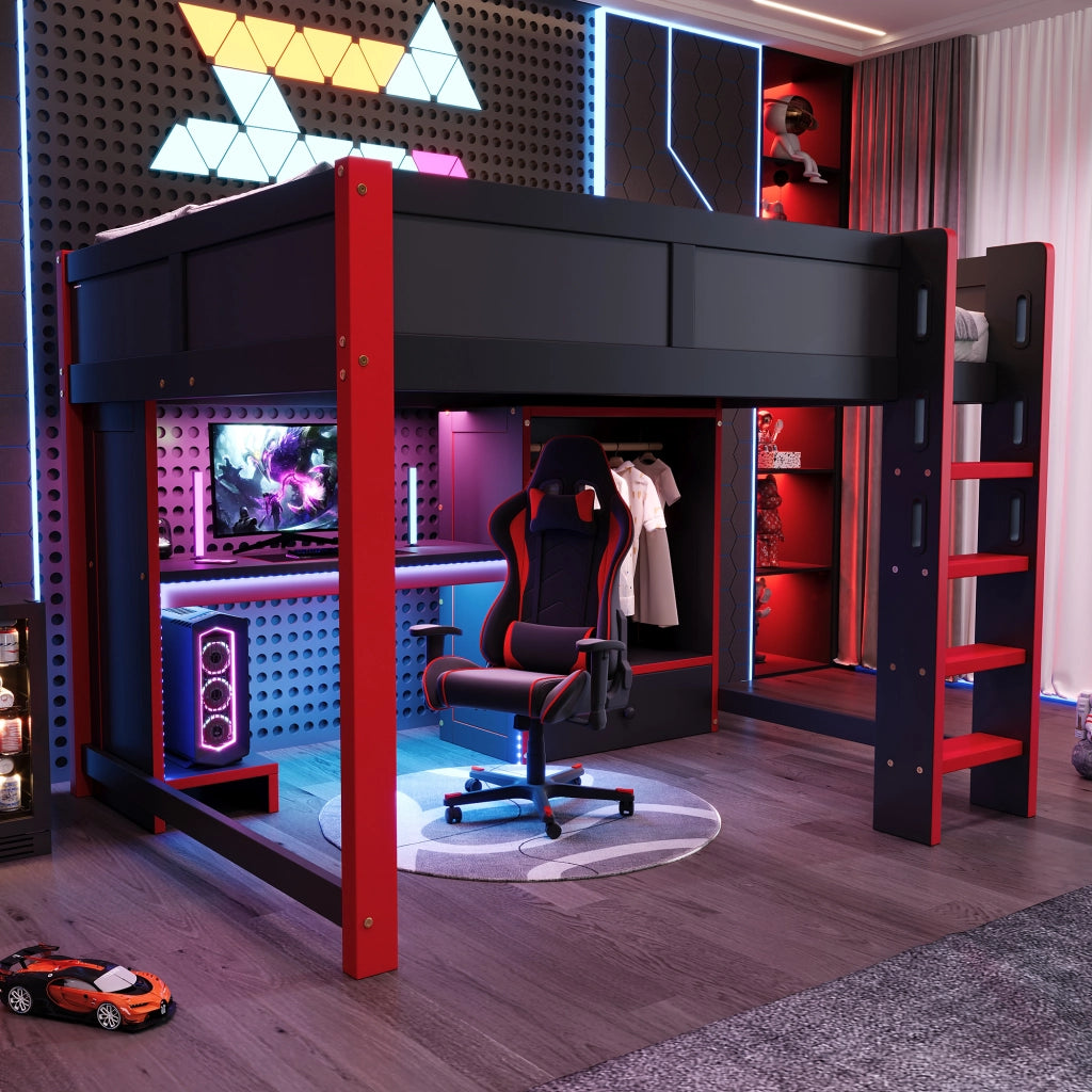 Letto a soppalco Gaming con scrivania - Zephmum- 140x200 cm, LED, armadio, cassetti, nero + rosso