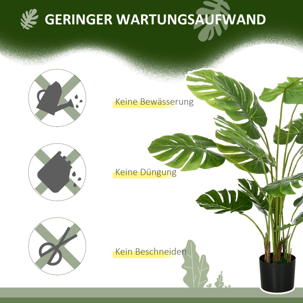 Pianta artificiale monstera 120 cm con vaso nero e muschio artificiale in plastica verde per interni ed esterni