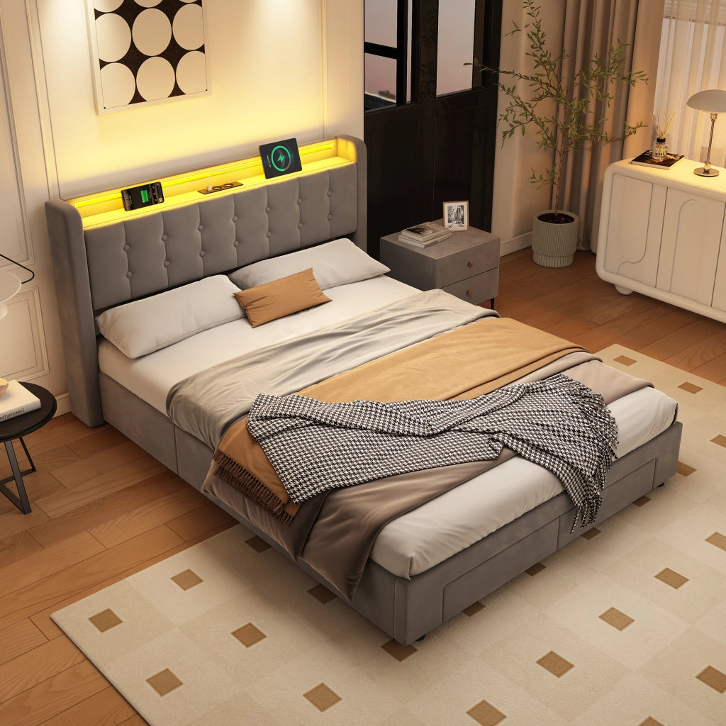 Letto imbottito 140x200 cm in velluto con LED, 2 cassetti e porte USB