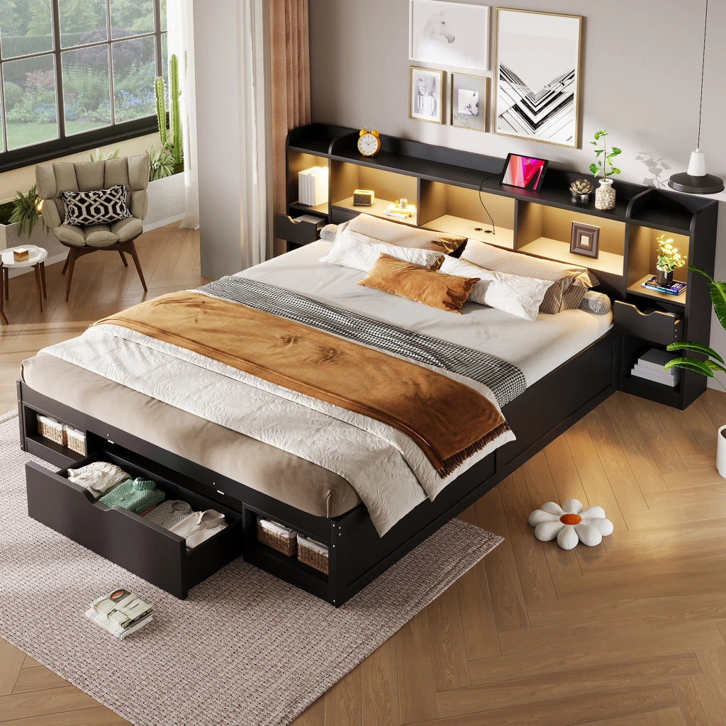 Letto a piattaforma 180 × 200 cm con contenitore MDF e compensato nero LED 3 cassetti e ripiani