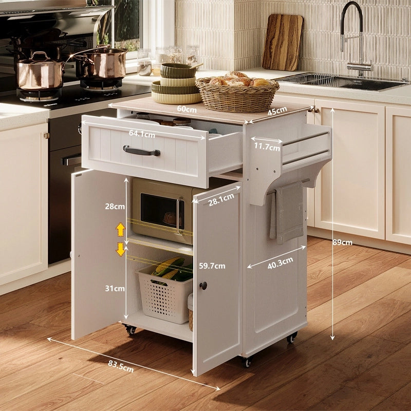 CARRELLO DA CUCINA BIANCO CON PIANO DI LAVORO, CASSETTO E ANTA – STILE LOFT MODERNO
