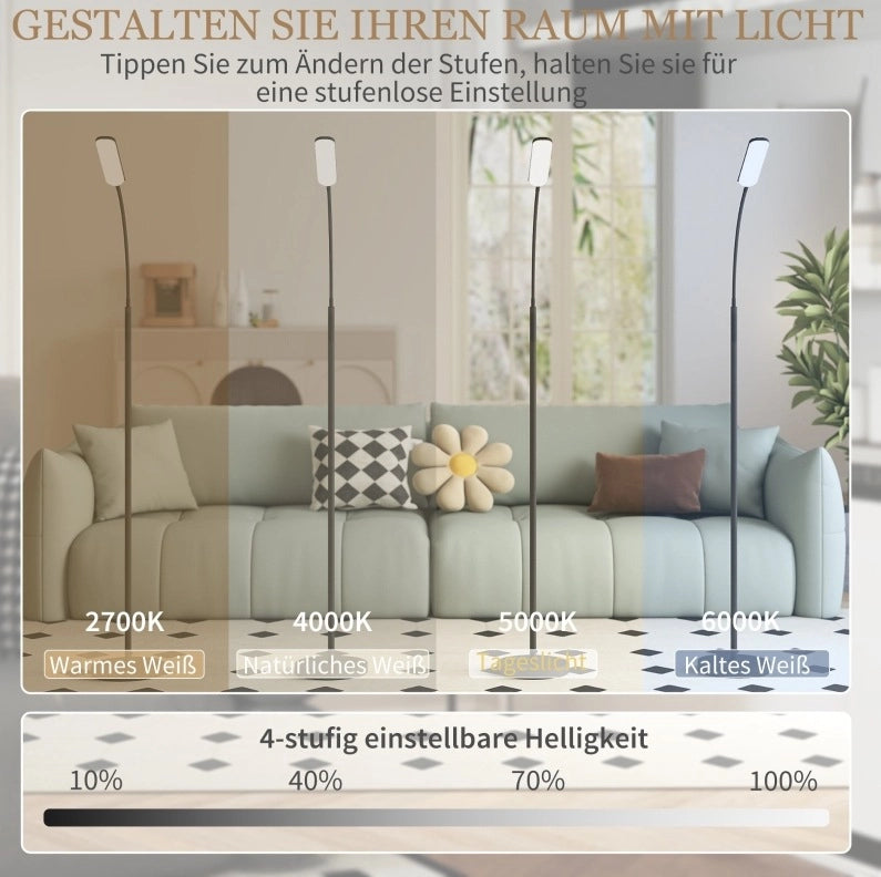 Lampada da Terra LED Dimmerabile con Telecomando e Controllo Touch, Collo d'Oca Regolabile a 360°, Timer 1 Ora, Funzione Memory, Nero