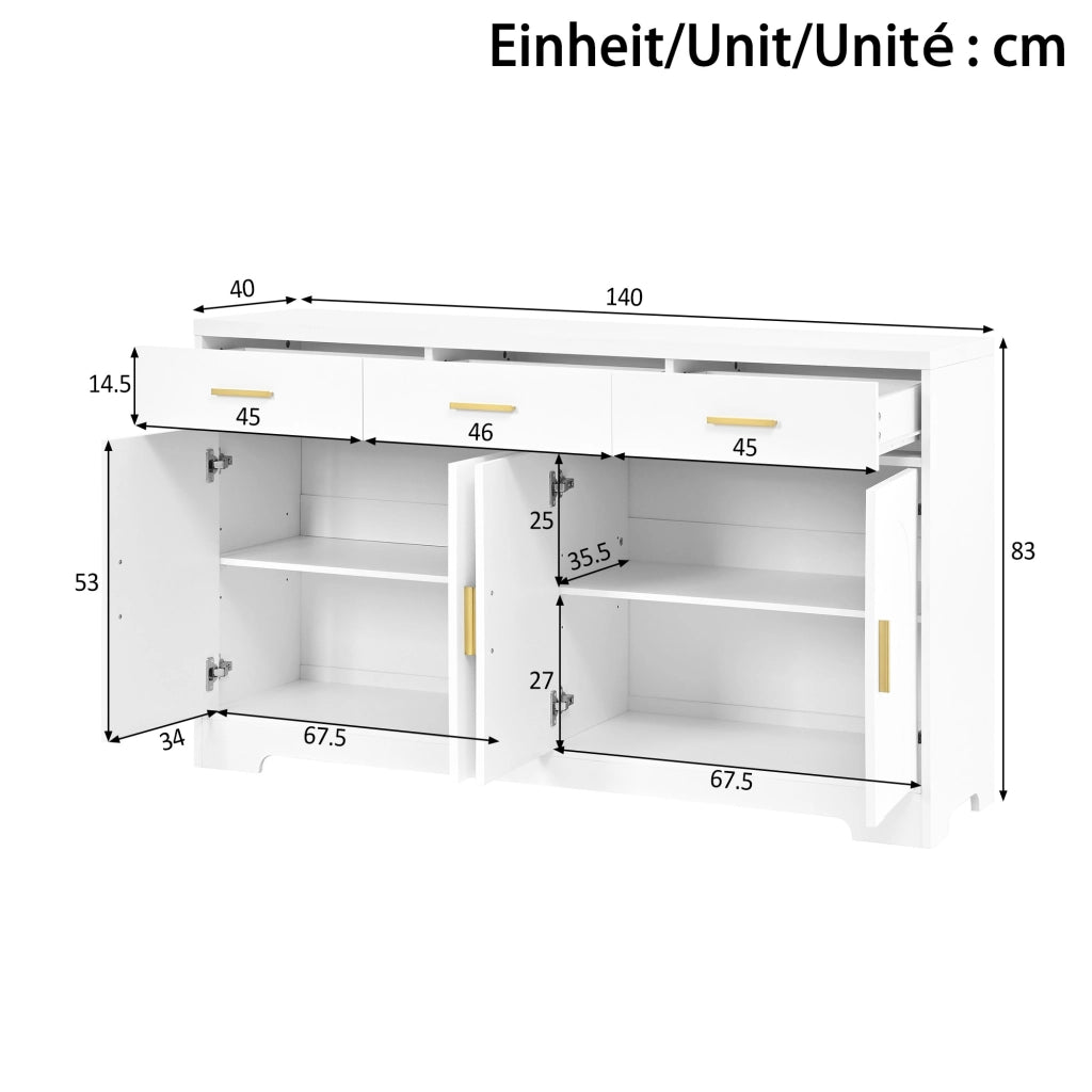 Credenza con cassetti, ripiani regolabili, piano elevabile in MDF bianco