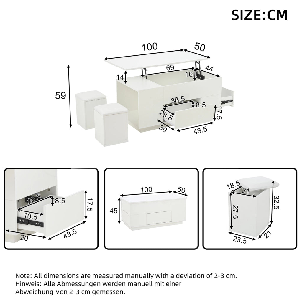 Tavolino da caff¨¨ elevabile 100x50 cm con LED, 2 cassetti e 2 sgabelli bianco