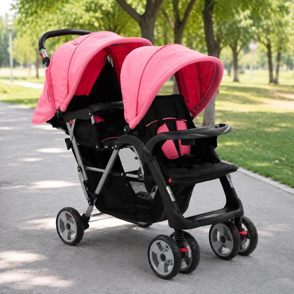 Tandem Stroller, Steel, Pink And Black