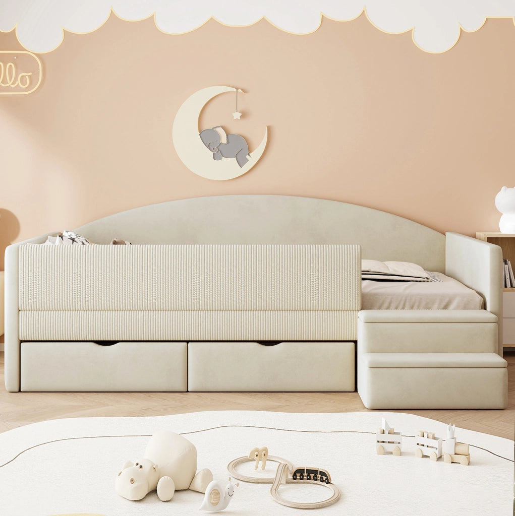 Letto imbottito 90 x 190 cm in velluto beige con 2 cassetti; sponde e gradini