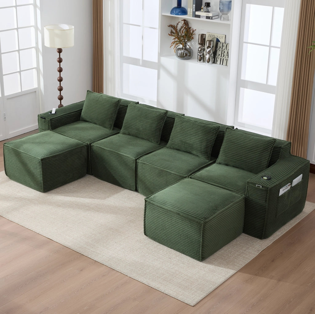 DIVANO modulare 4 posti in corduroy verde con 2 pouf