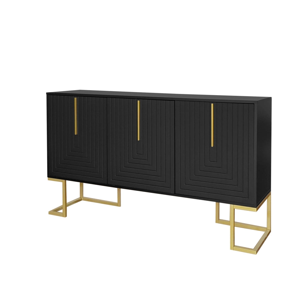 Credenza moderna a 3 ante con ripiani regolabili e base in metallo; MDF nero