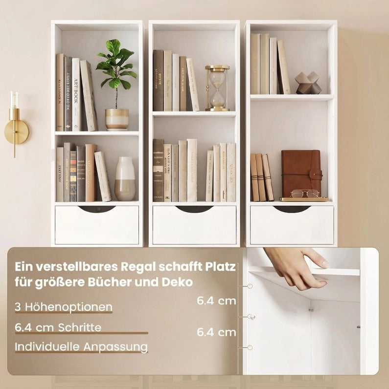 Libreria sottile bianca con 2 cassetti e 3 ripiani aperti 30x24x158 cm per ufficio e camera da letto