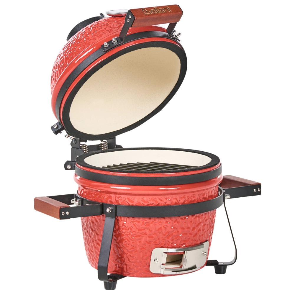 Grill a carbonella in ceramica rossa per barbecue stile Kamado con coperchio e griglia di cottura con termometro
