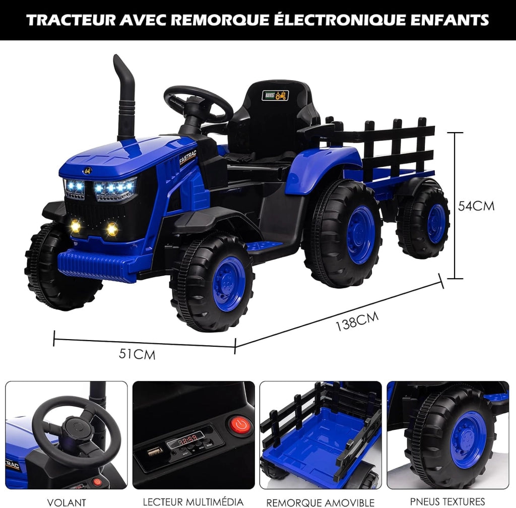Trattore elettrico per bambini con rimorchio rimovibile e telecomando.