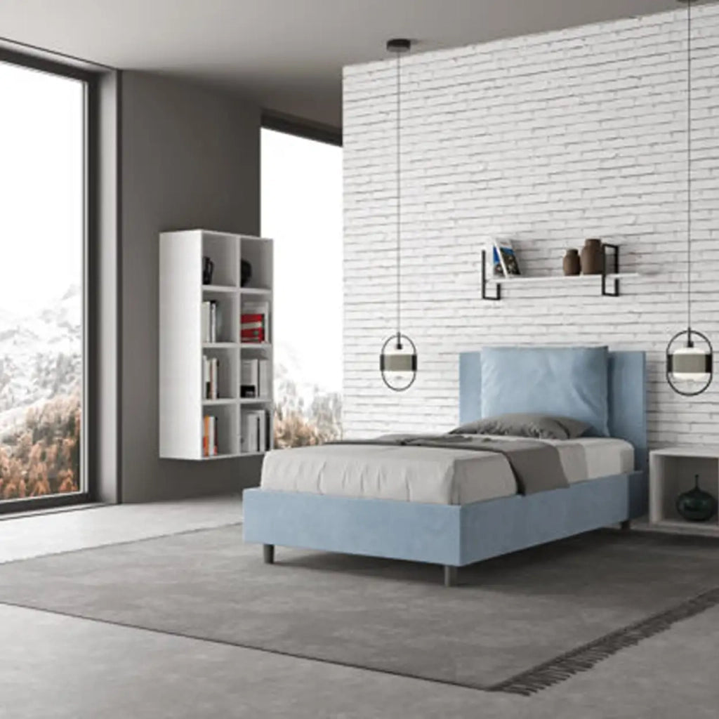 Letto una piazza e mezza contenitore imbottito 120x200 microfibra azzurro Antea