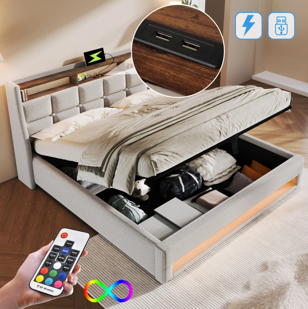 LETTO imbottito LED e USB 160x200 cm Beige con vano contenitore