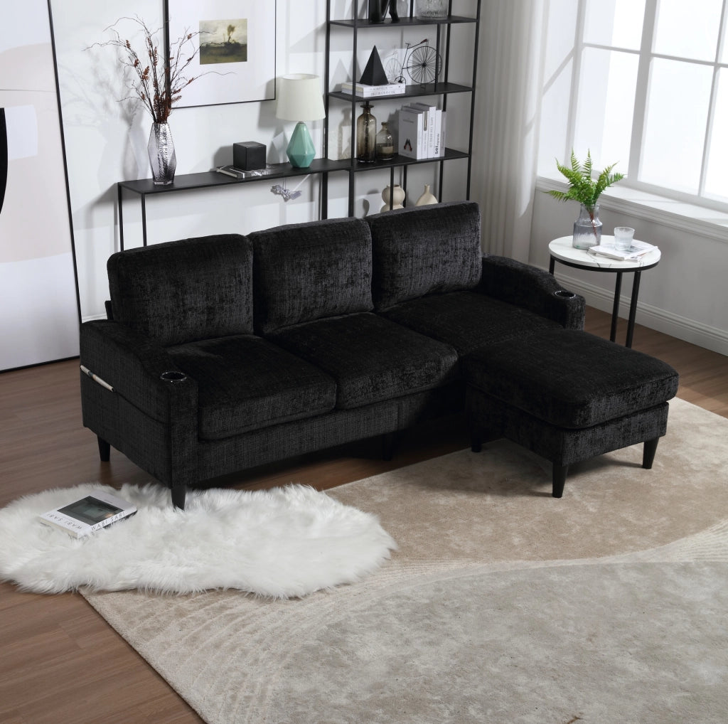 DIVANO 4 POSTI CON POUF CONTENITORE 196,5x75x77 cm CHENILLE NERO